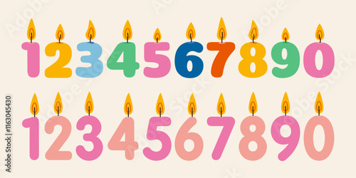 Various Birthdays celebration burning candles in the form of numbers. Festive traditional cake decoration. Trendy modern vector illustration isolated on background, hand drawn, flat design