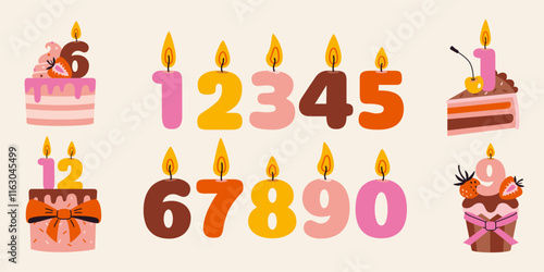 Set with Various Birthdays burning candles in the form of numbers and celebration cake, cupcakes with them. Trendy modern vector illustration isolated on background, hand drawn, flat design