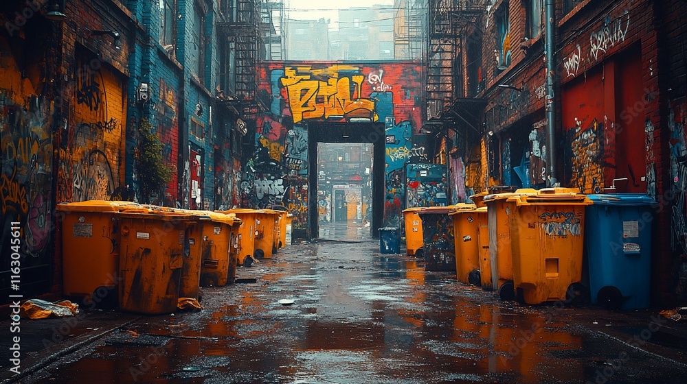 Fototapeta premium Urban Alleyway Graffiti Dumpsters Wet Ground