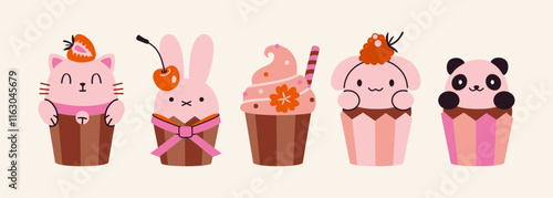 Set with kawaii cupcakes in the shape of cute animals like rabbit, cat, puppy and panda. Trendy modern vector illustration isolated on  background, hand drawn, flat design
