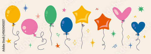 Celebration set with Various shapes Inflatable helium balloons and stars. Bright Festive party decor. Trendy modern vector illustration, hand drawn, flat design