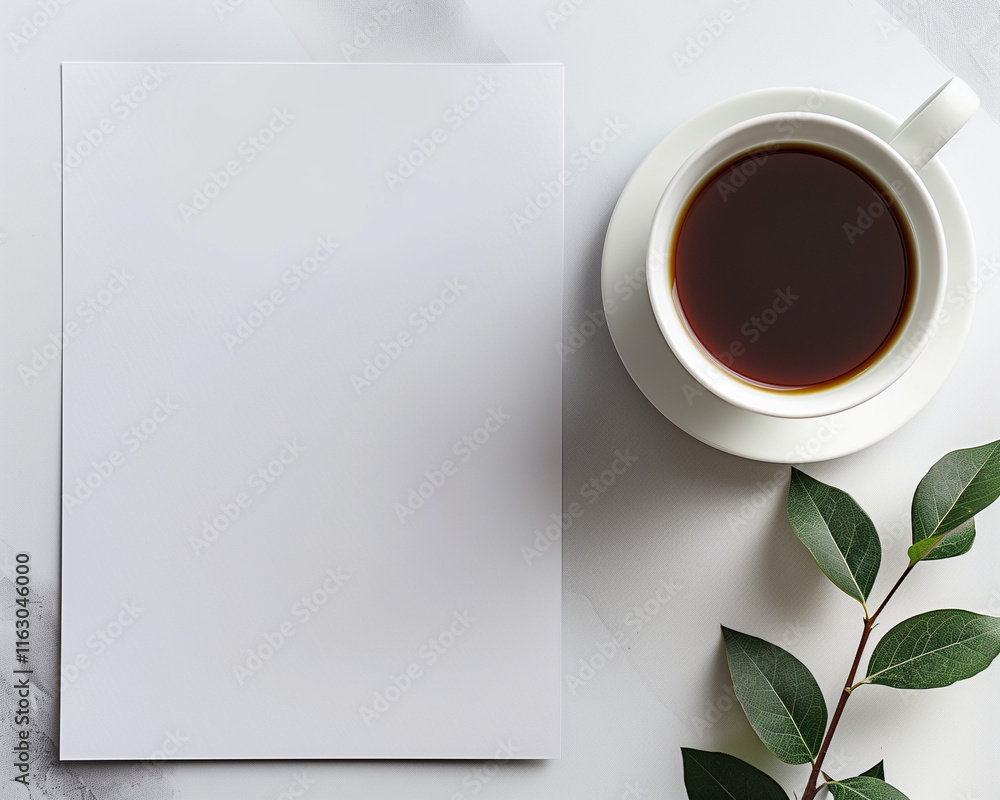 Minimalist Coffee Cup and Blank Paper on Desk with Green Leaves - Perfect for Office Inspiration and Design Projects Minimalist Coffee Cup and Blank Paper on Desk with Green Leaves - Perfect for Office Inspiration and Design Projects