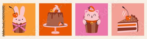Set with cute cakes, cupcakes and sweets with kawaii animals and berries. Delicious desserts with chocolate and decor. Trendy modern vector illustration on color background, hand drawn, flat