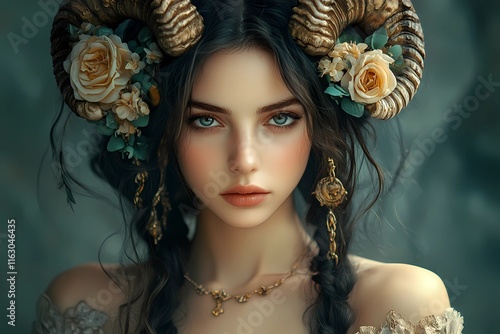 Beautiful Woman with Elegant Braided Hair, Golden Horns Adorned with Cream Roses and Green Leaves, Representing Capricorn Zodiac Sign, in Soft Green Background, Featuring Vintage Jewelry Vibes