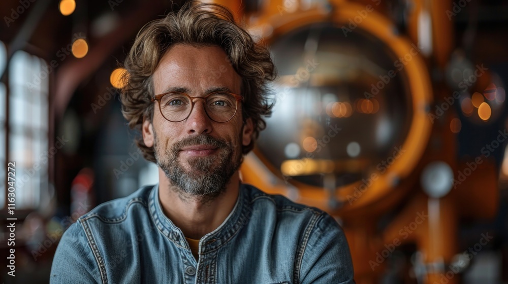 Portrait of handsome mature man with beard wearing eyeglasses looking at camera in pub Portrait of handsome mature man with beard wearing eyeglasses looking at camera in pub
