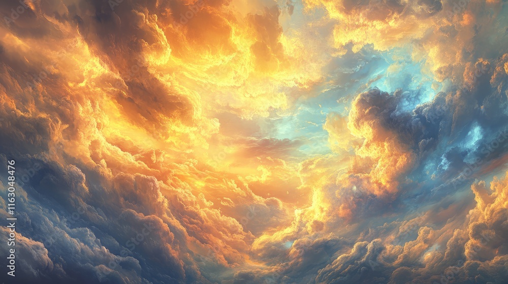 A dramatic sky scene featuring swirling clouds in vibrant hues of gold and blue, illuminated by a radiant light source, evoking a sense of wonder and tranquility. A dramatic sky scene featuring swirling clouds in vibrant hues of gold and blue, illuminated by a radiant light source, evoking a sense of wonder and tranquility.