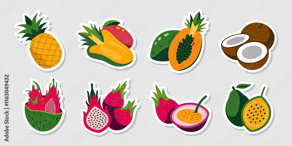 Tropical Fruit Stickers Pineapple Mango Papaya Coconut Dragon Fruit Passion Fruit Tropical Fruit Stickers Pineapple Mango Papaya Coconut Dragon Fruit Passion Fruit