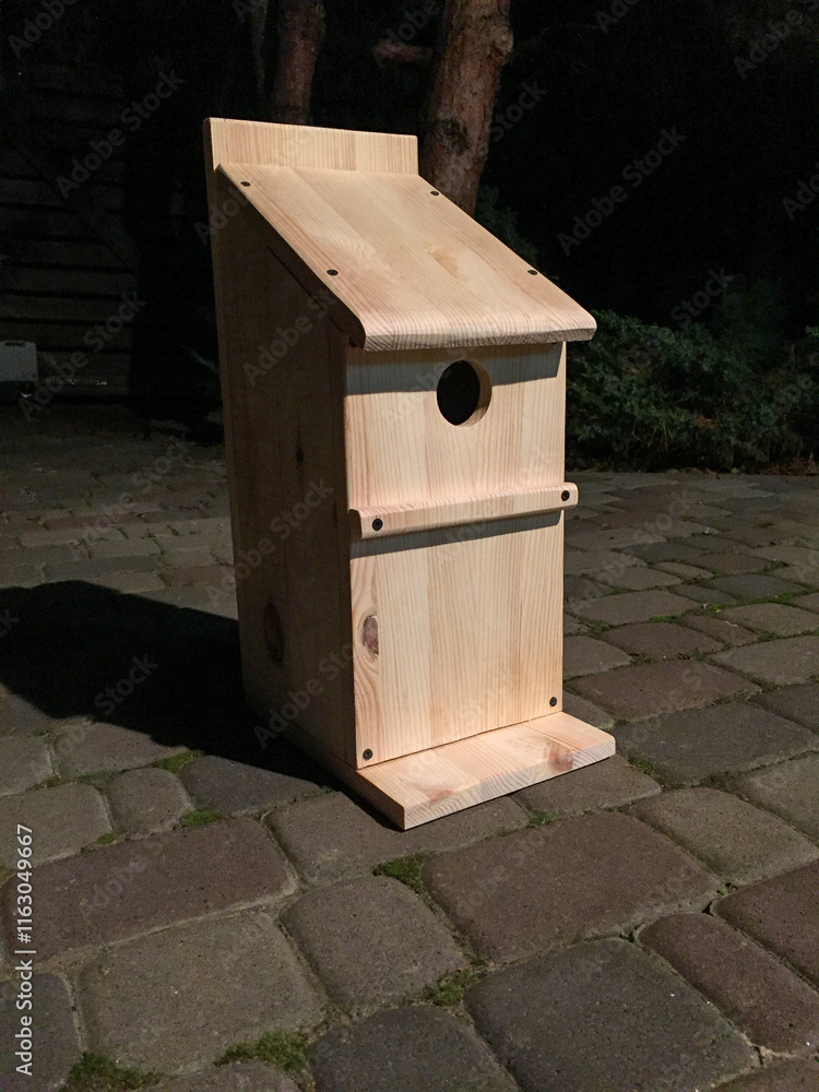 Handmade wooden birdhouse in a peaceful garden Handmade wooden birdhouse in a peaceful garden