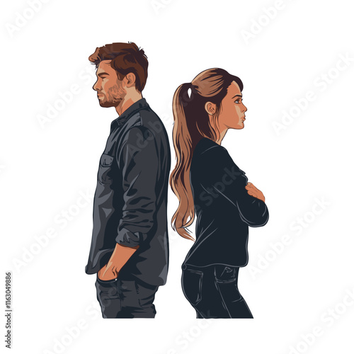 A man and woman standing back to back with arms crossed, dressed in dark outfits, on a white background, symbolizing conflict or disagreement, divorce and misunderstanding in family
