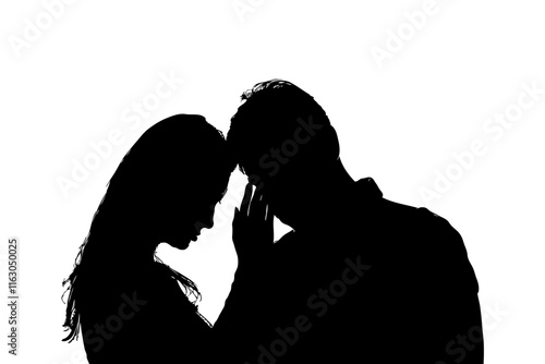 Silhouette of a man and woman in an intimate moment, heads touching, on a white background. Concept of love, emotion, connection, or support