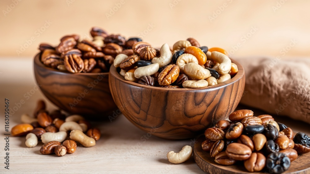 Assorted Nuts in Wooden Bowls on Rustic Table Assorted Nuts in Wooden Bowls on Rustic Table