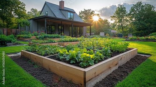 Sunset illuminates a charming home garden with raised beds