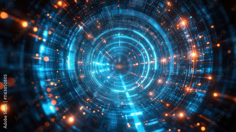 Abstract digital tunnel with glowing lines and particles. Abstract digital tunnel with glowing lines and particles.