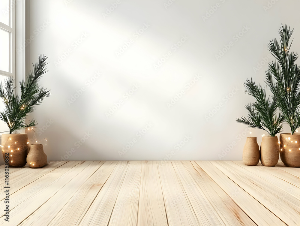 3D Wooden Floor Background with Plants 3D Wooden Floor Background with Plants