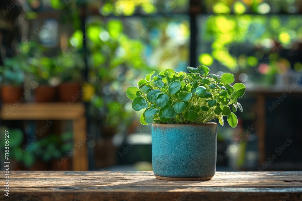 Potted Plant on Table in Workshop with Green Background Potted Plant on Table in Workshop with Green Background
