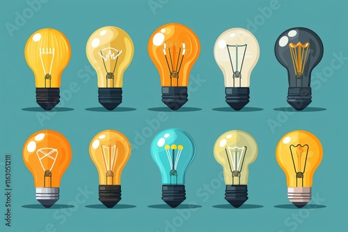 Illustration of Various Light Bulbs in a Cartoon Flat Style on Teal