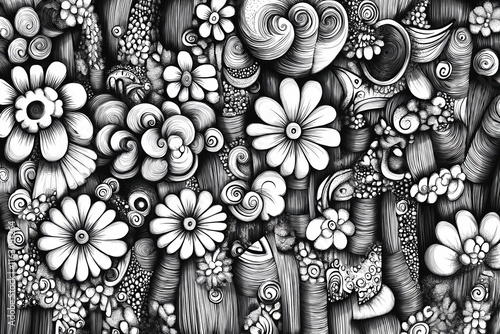 Intricate black and white floral doodle artwork with swirling and textured designs