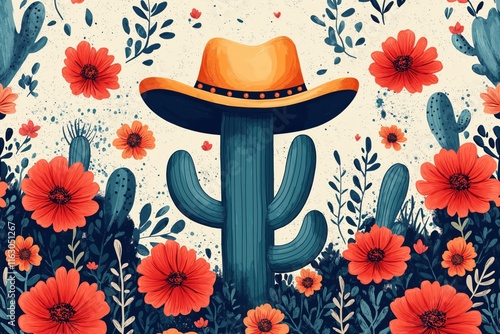 Cactus wearing hat surrounded by vibrant red flowers in artistic style