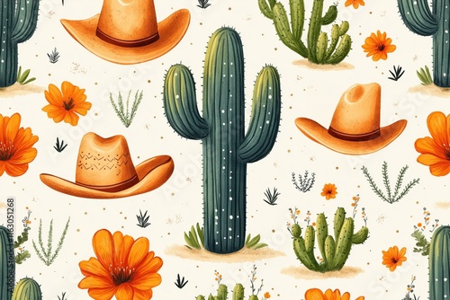 Pattern featuring cacti, cowboy hats, and desert flowers in a playful style