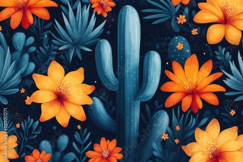 Seamless pattern of vibrant cacti and flowers in a western theme