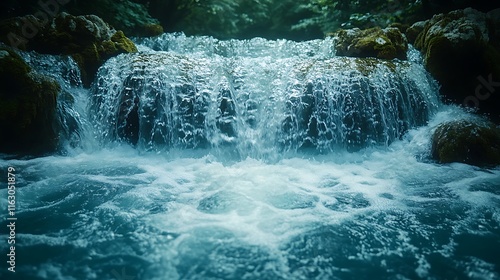Serene stream flowing with golden tones surrounded by rugged mountain rocks picture