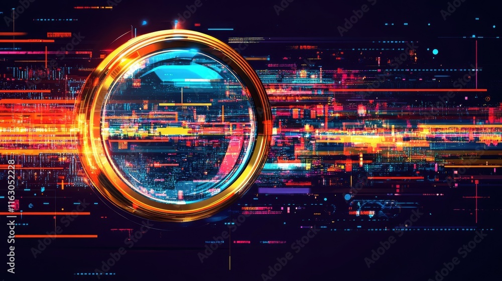 Abstract digital composition featuring a circular lens with vibrant data streams.