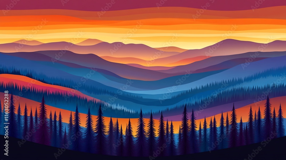 Obraz premium Vibrant sunset over layered mountains and forest.