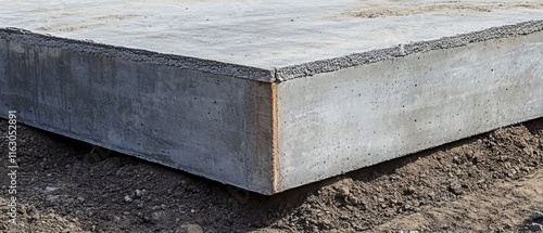 Concrete Foundation Slab, sturdy base on soil, ready for construction, smooth surface and sharp edges, supporting future structures photo