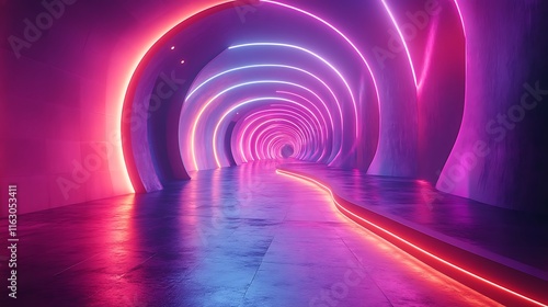 Fototapeta Naklejka Na Ścianę i Meble -  Vibrant neon tunnel with striking pink and red lights for a futuristic look