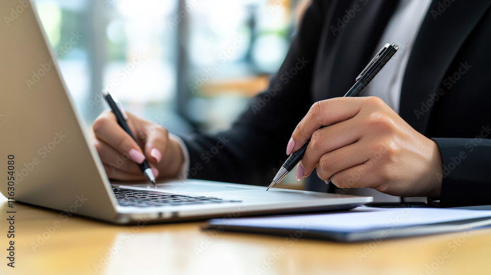 A businesswoman on a conference call, writing notes with a pen while reviewing her laptop screen in a modern office. A businesswoman on a conference call, writing notes with a pen while reviewing her laptop screen in a modern office.
