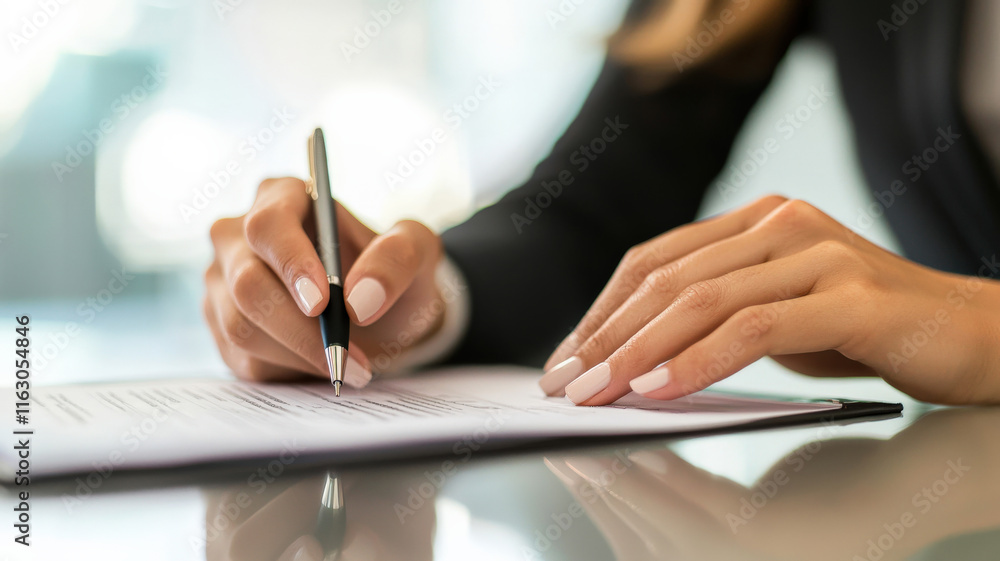 A businesswoman reviewing a document with a pen in hand while standing in front of a whiteboard in a corporate meeting room. A businesswoman reviewing a document with a pen in hand while standing in front of a whiteboard in a corporate meeting room.