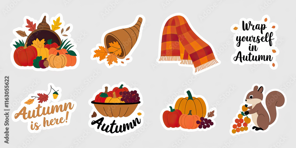 Fototapeta premium Autumn Stickers Pumpkins Leaves Scarf Squirrel Fall Harvest