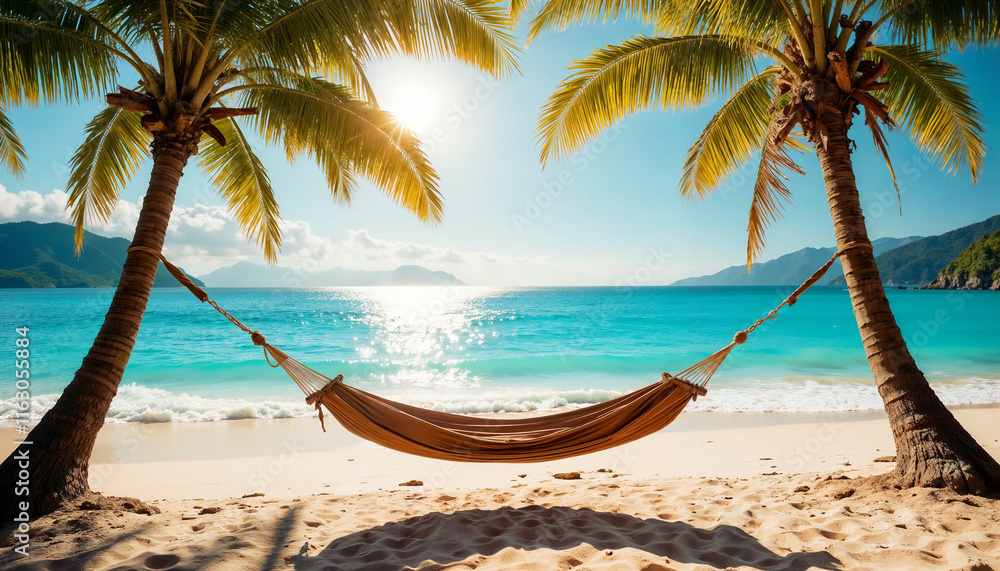 Fototapeta premium Relaxing hammock between palm trees on a beautiful beach with turquoise water