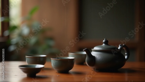 Wallpaper Mural A serene tea setup with a white teapot, steaming cups, and a sugar pot on a wooden tray, exuding warmth and tradition in a calm ambiance. Generative, AI, Torontodigital.ca