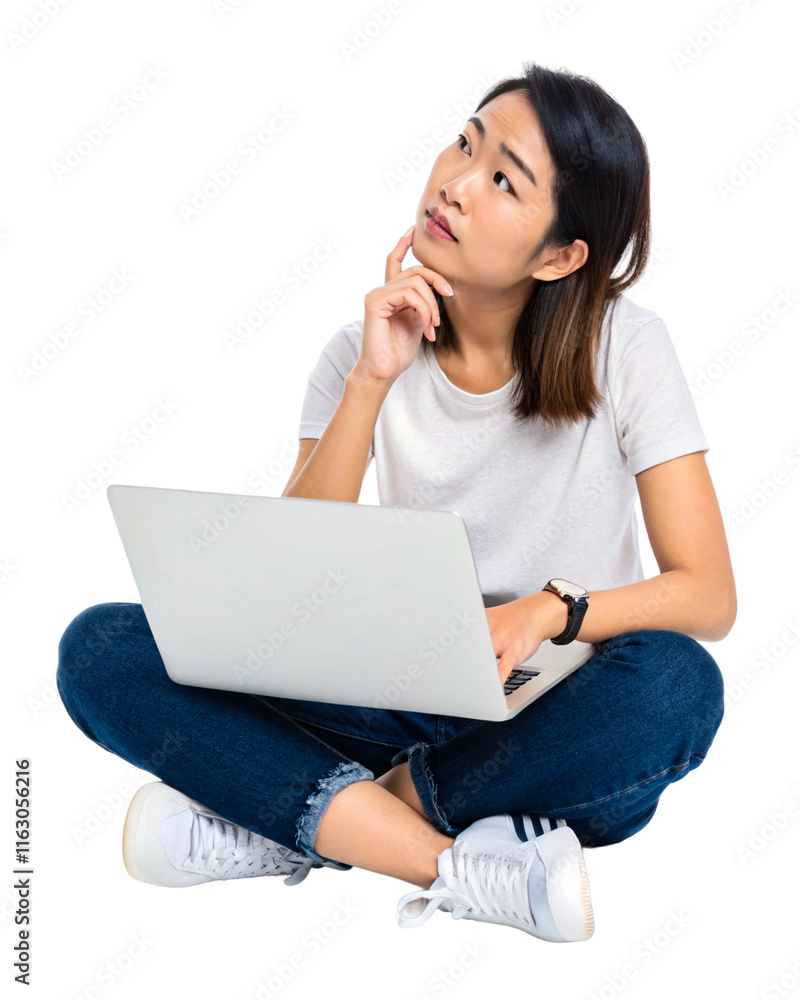 Young woman thinking while working on a laptop with a thoughtful expression indoors isolated on transparent background Young woman thinking while working on a laptop with a thoughtful expression indoors isolated on transparent background