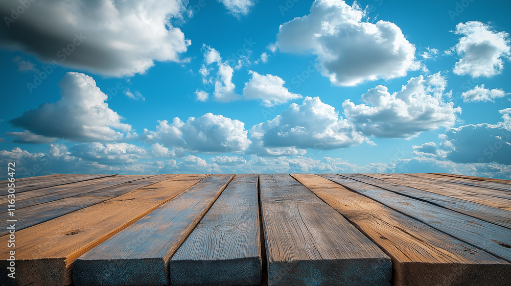 Empty wooden tabletop with blue sky and white clouds background for product display Empty wooden tabletop with blue sky and white clouds background for product display