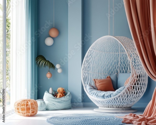 Soft Blue Baby Room: Minimalist Interior with White Cradle, Cozy Armchair, and Playful Toys