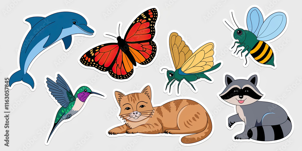 Fototapeta premium Adorable Animal Stickers Dolphin Butterfly Bee Hummingbird Cat Raccoon