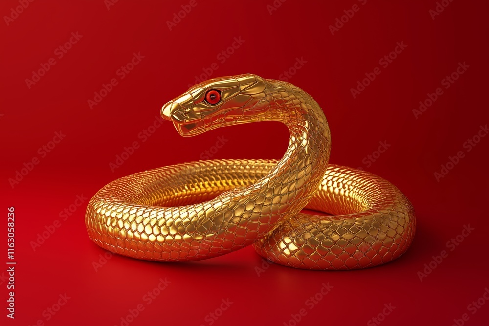 Obraz premium Golden snake sculpture on vibrant red background, symbol of 2025 year