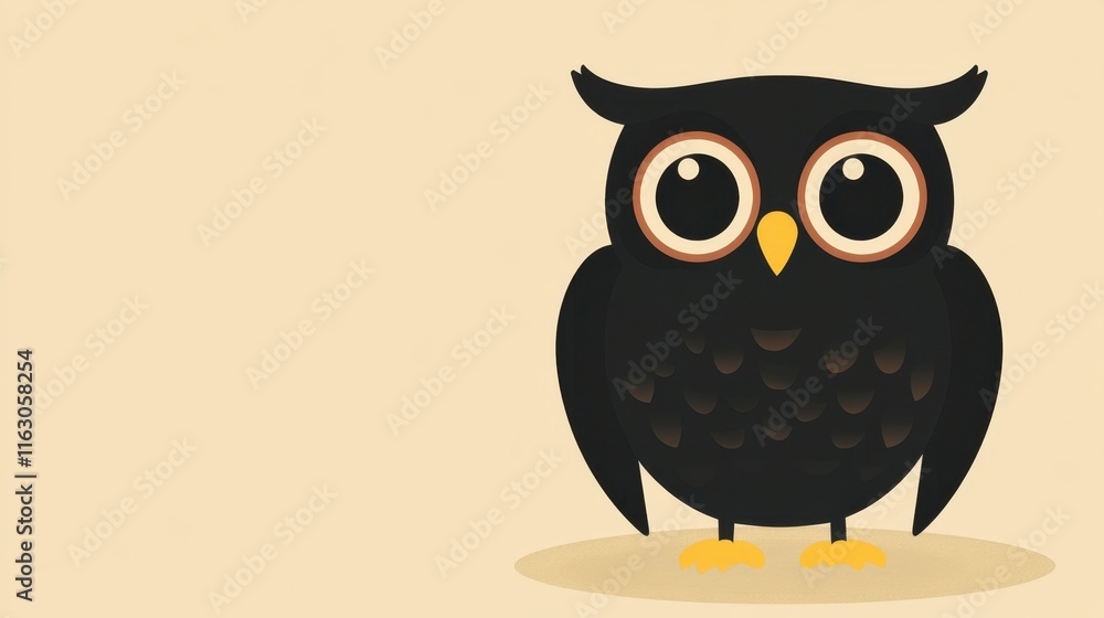Naklejka premium Cute Black Owl on Beige Background, Minimalist Children's Book Illustration