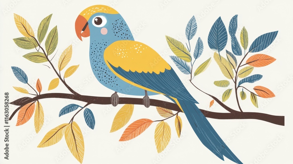 Cheerful Parrot Perched on Branch with Autumn Leaves Cheerful Parrot Perched on Branch with Autumn Leaves