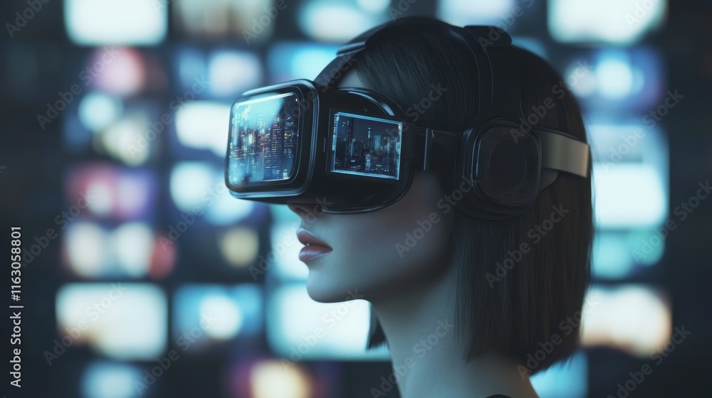 Woman in VR Headset Experiencing Futuristic Cityscape Woman in VR Headset Experiencing Futuristic Cityscape