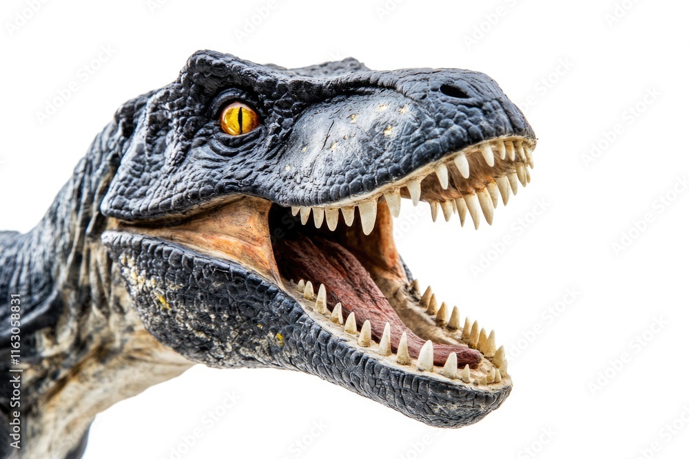 Obraz premium Intimidating Dino: Extreme Closeup of a Menacing T-Rex Figurine with Sharp Teeth on White Background