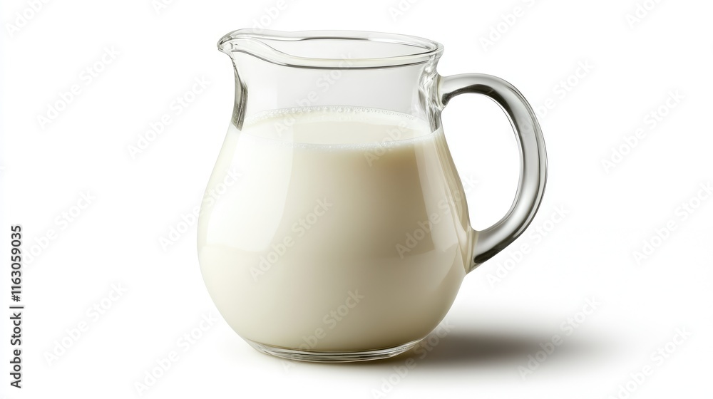 A glass pitcher of fresh milk, file of isolated cut-out object on white background, isolated on white background A glass pitcher of fresh milk, file of isolated cut-out object on white background, isolated on white background