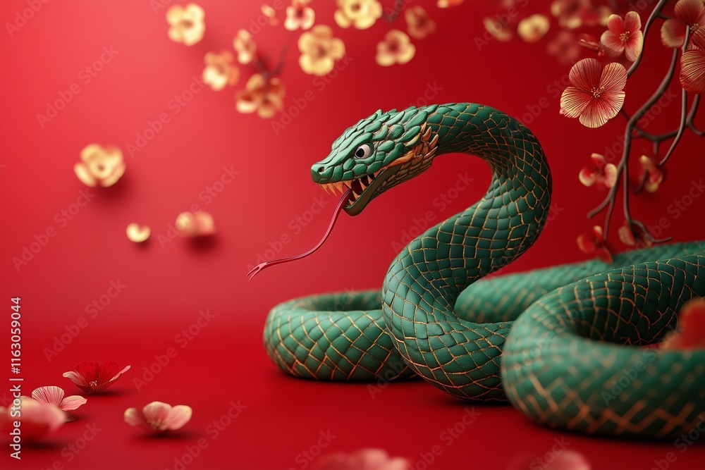 Obraz premium Green snake among golden coins and flowers on red background, symbol of 2025 year