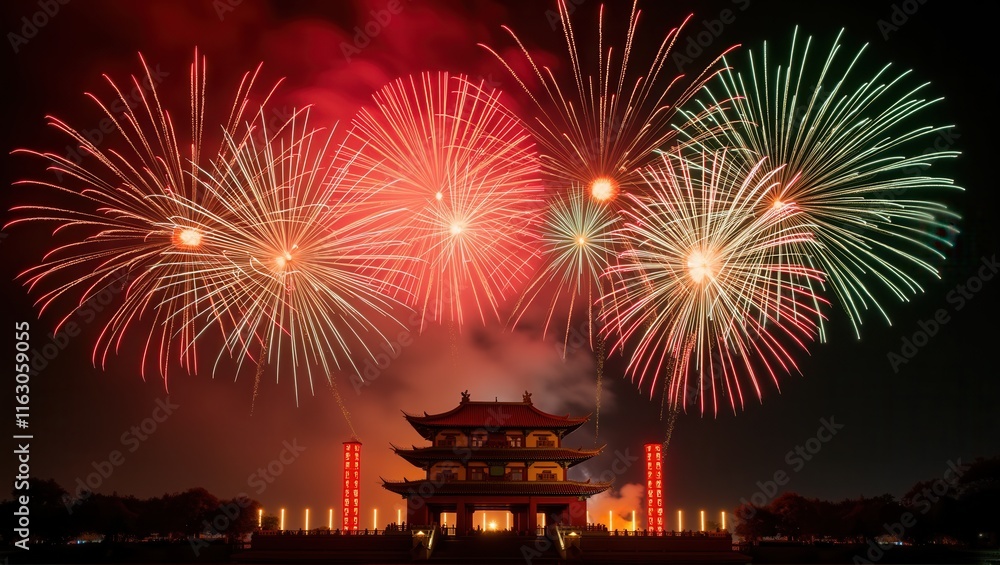 Fototapeta premium Bright fireworks light up the night sky above a traditional Chinese temple, creating a spectacular and festive atmosphere. Generative, AI,