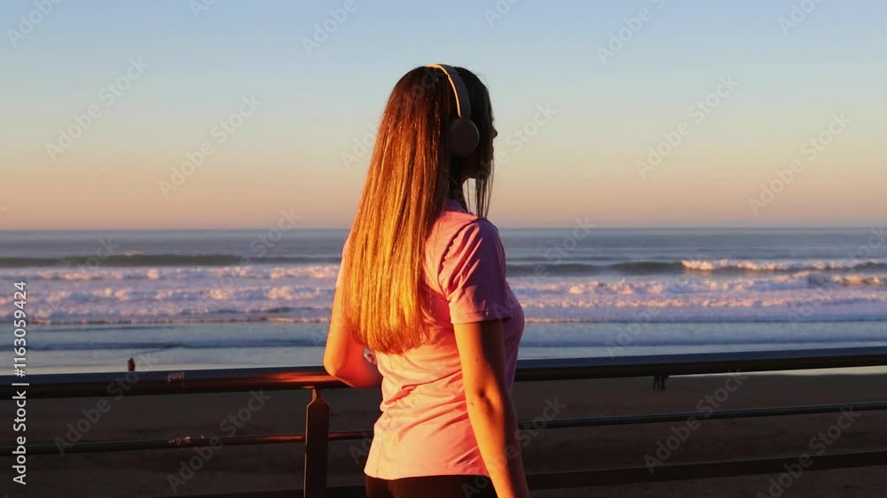 Woman inline skating along the beach at sunset listening to music Woman inline skating along the beach at sunset listening to music