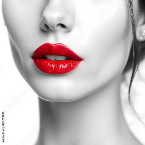 vlose up to the black and white woman's face with bright red lips lipstick on white background photo