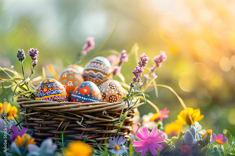 Colorful Easter Eggs in a Wicker Basket Surrounded by Blooming Flowers at Sunset Colorful Easter Eggs in a Wicker Basket Surrounded by Blooming Flowers at Sunset