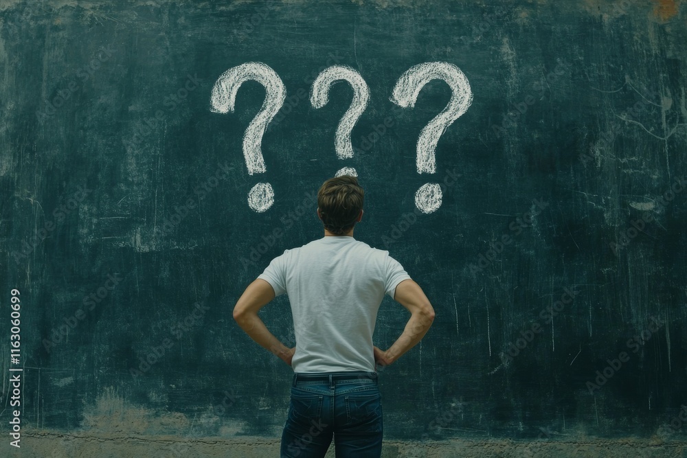 A contemplative scene man in white shirt stands before a dark chalkboard with question marks A contemplative scene man in white shirt stands before a dark chalkboard with question marks